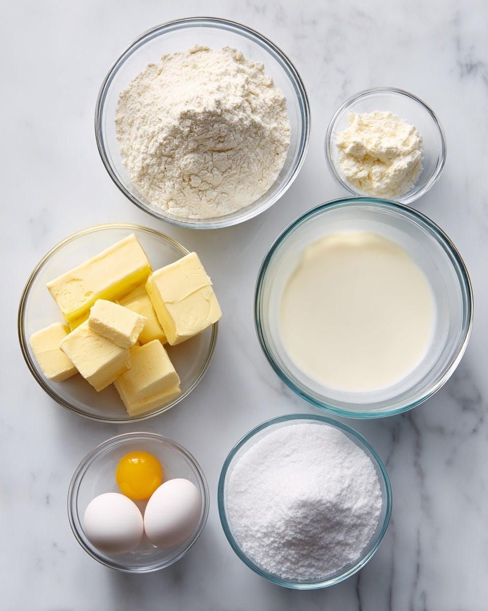The image shows five clear glass bowls placed on a white marbled surface. The largest bowl at the top contains a mix of white flour, salt, and baking powder with a soft, powdery texture. Below it is a medium bowl filled with smooth, creamy white milk. To the left of the milk, there is another medium bowl holding several thick slices of yellow butter. Below the butter bowl is a smaller bowl with two raw eggs, showing both the clear whites and yellow yolks. At the bottom right, there is a medium bowl filled with fine, white sugar that has a slightly grainy texture. The whole setup is clean and bright, with visible labels for each ingredient around the bowls. Photo taken with an iphone --ar 4:5 --v 7