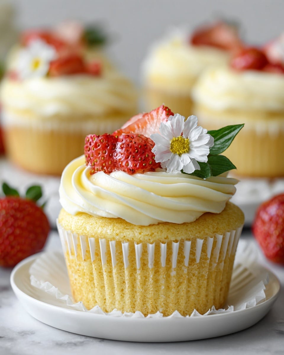A vanilla cupcake with the wrapper peeled down sits on a white plate with a white marbled texture, showing its soft, light yellow cake inside. The cupcake has a thick layer of white whipped frosting piped in a spiral around the top edge. In the center of the frosting, there are bright red chopped fresh strawberries arranged in a small pile. A small white edible flower with a yellow center and a green mint leaf decorate the side of the strawberry topping. In the background, whole strawberries and other similar cupcakes with white frosting and strawberry pieces are slightly blurred. photo taken with an iphone --ar 4:5 --v 7