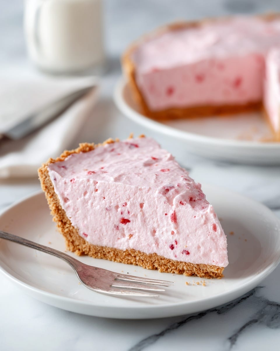A close-up of a slice of pink creamy pie with visible white marshmallow pieces and red berry bits inside, sitting on a white plate. The slice has a crumbly beige crust at the bottom. Behind the slice, the remaining pie with the same layers is on a white plate with a wedge missing. A silver fork lies to the left, and a pie knife is to the right side in the background. All are on a white marbled surface. photo taken with an iphone --ar 4:5 --v 7