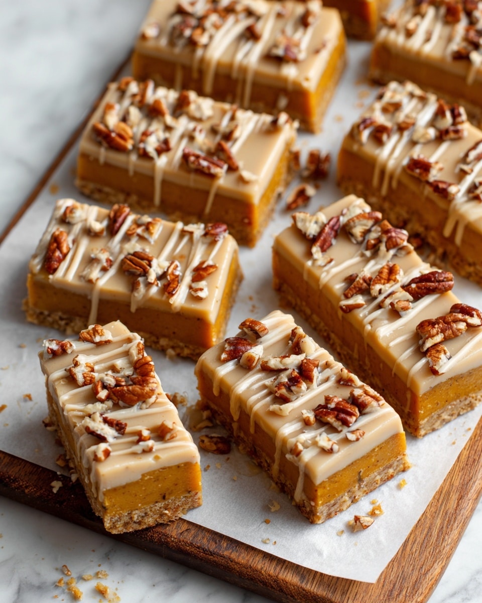 The image shows a wooden board with white parchment paper on a white marbled surface, topped with a pumpkin-colored baked sheet cut into diamond shapes. The sheet has a smooth, creamy beige glaze drizzled unevenly over the top, with scattered pieces of pecan nuts adding texture and a rich brown contrast. The glaze covers most of the sheet with some areas thicker and shinier, while the pecan pieces rest on top, providing chunky accents. The dish looks soft yet firm, and the cuts form neat geometric shapes across the board. Photo taken with an iphone --ar 4:5 --v 7