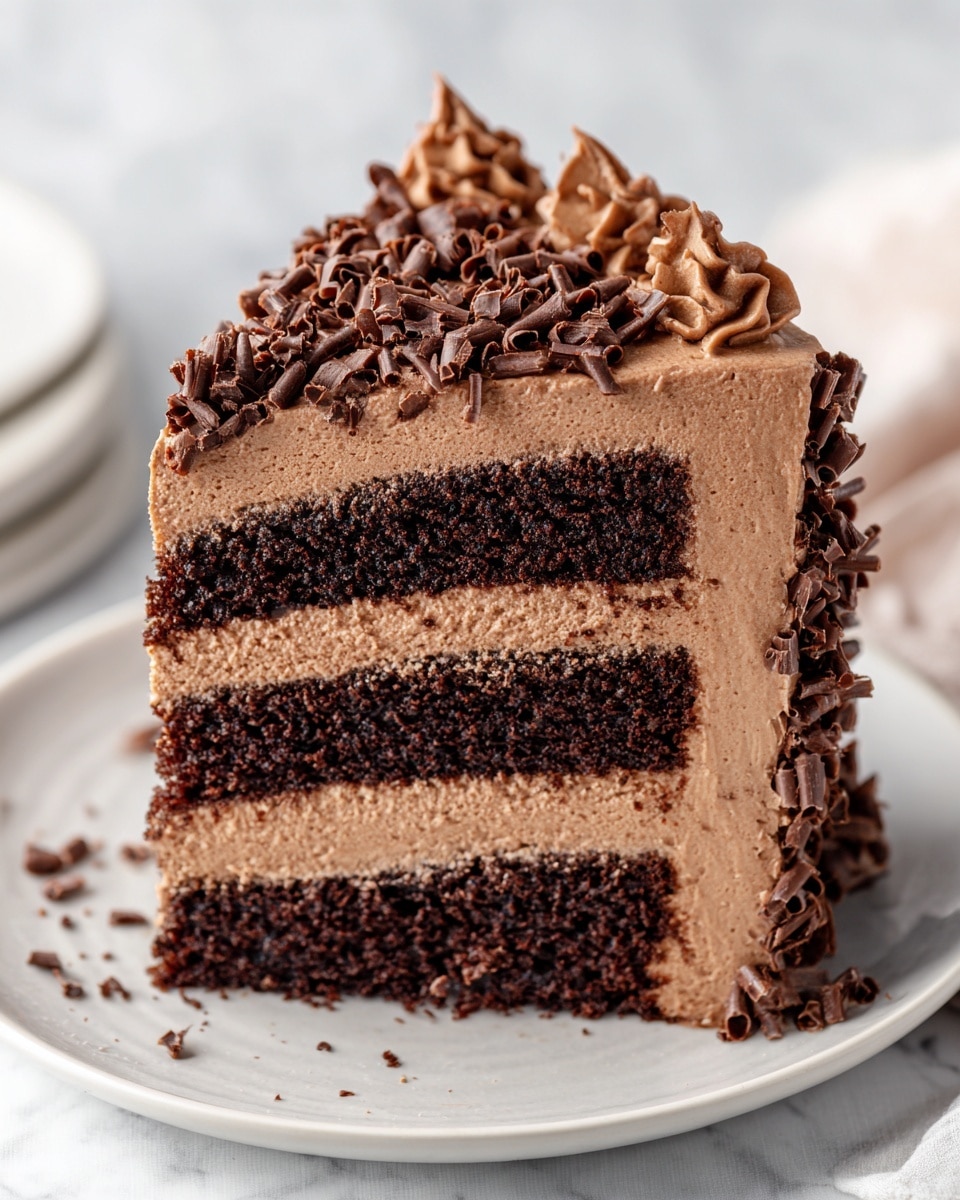 A chocolate cake with three visible layers of dark chocolate sponge, separated by two layers of light brown chocolate frosting. The entire cake is covered in smooth light brown chocolate frosting. On top, there are many thin chocolate curls scattered. A thick slice of the cake is placed in front, lying flat on a white plate, showing the layers clearly. The background and surface have a white marbled texture. Photo taken with an iphone --ar 4:5 --v 7