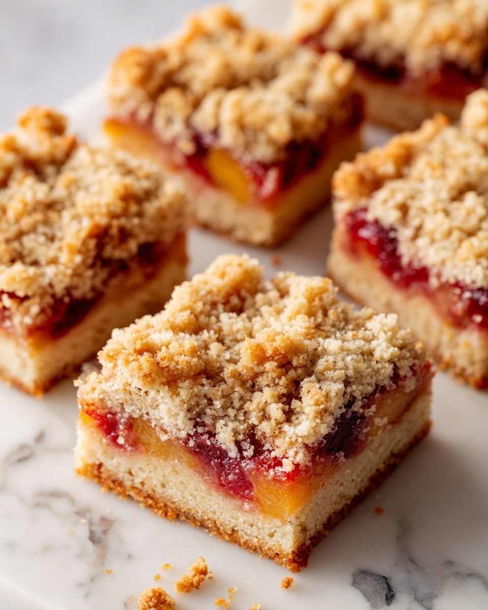 The image shows several square pieces of a crumb-topped fruit dessert arranged on a white marbled surface. The dessert has three visible layers: the bottom crust is golden brown and firm, the middle layer is filled with a colorful mix of peaches in soft orange and strawberries in deep red, and the top layer is a crumbly streusel topping in light tan with a slightly browned, powdery texture. One piece has been taken out, showing the thickness of the layers and a few crumbs scattered around. The focus is close-up to highlight the textures and colors of the dessert. photo taken with an iphone --ar 4:5 --v 7