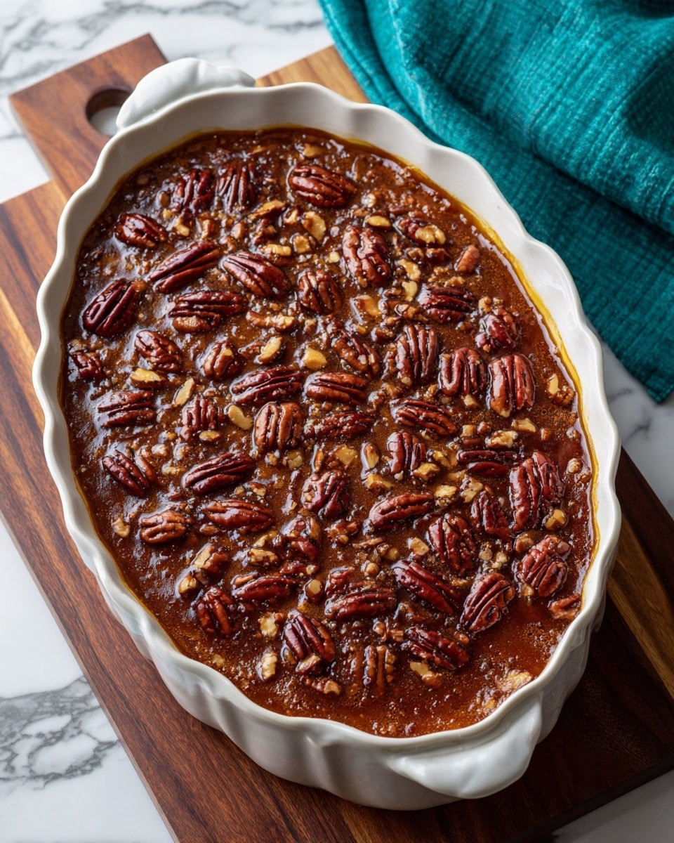 A close-up of a baked dessert in a white scalloped ceramic dish shows two visible layers: the base layer is a warm, golden-brown cake or filling with a slightly rough texture around the edges, and the top layer is dark brown syrupy sauce sprinkled thickly with a generous amount of shiny, toasted pecan pieces that add a crunchy texture. The dish is placed on a dark wooden board, surrounded by cinnamon sticks resting on a white marbled surface. Photo taken with an iphone --ar 4:5 --v 7