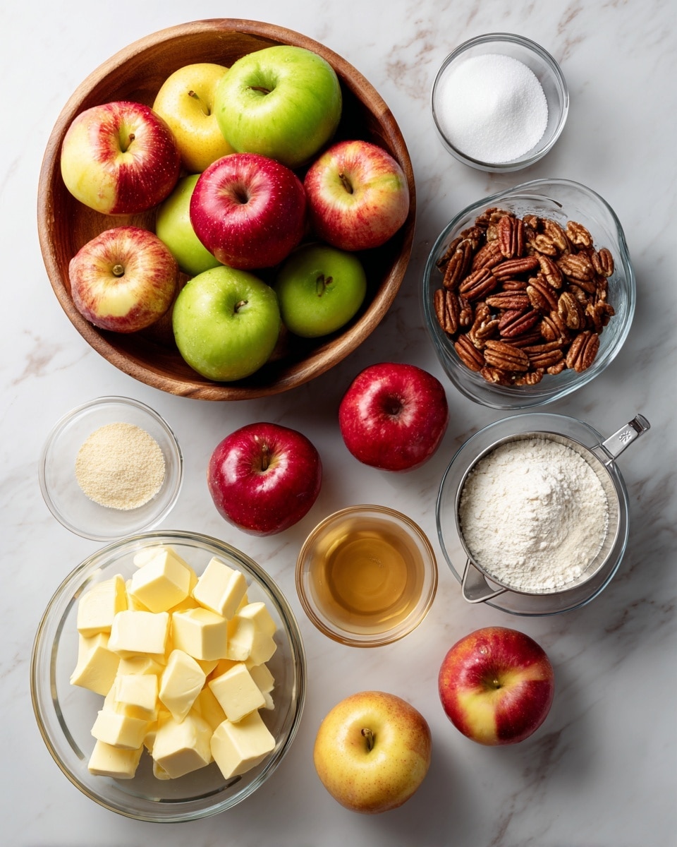 The image shows a white marbled surface with various ingredients arranged on it. In the center, there is a wooden bowl filled with nine apples in red, yellow, and green colors. Above the bowl, there is a small clear glass bowl filled with pecans, and to the right of it another clear glass bowl filled with white sugar. Below the sugar bowl is a metal measuring cup with white granulated sugar inside. Near the bottom right corner, there is a small glass bowl with a light brown liquid, likely vanilla extract, and beside it a tiny clear dish with white powder, possibly baking soda. Toward the bottom left, there is another small clear glass bowl filled with cubed butter, and a larger glass bowl with four raw eggs in it. Three apples in red and yellow shades sit scattered around the scene. Photo taken with an iphone --ar 4:5 --v 7