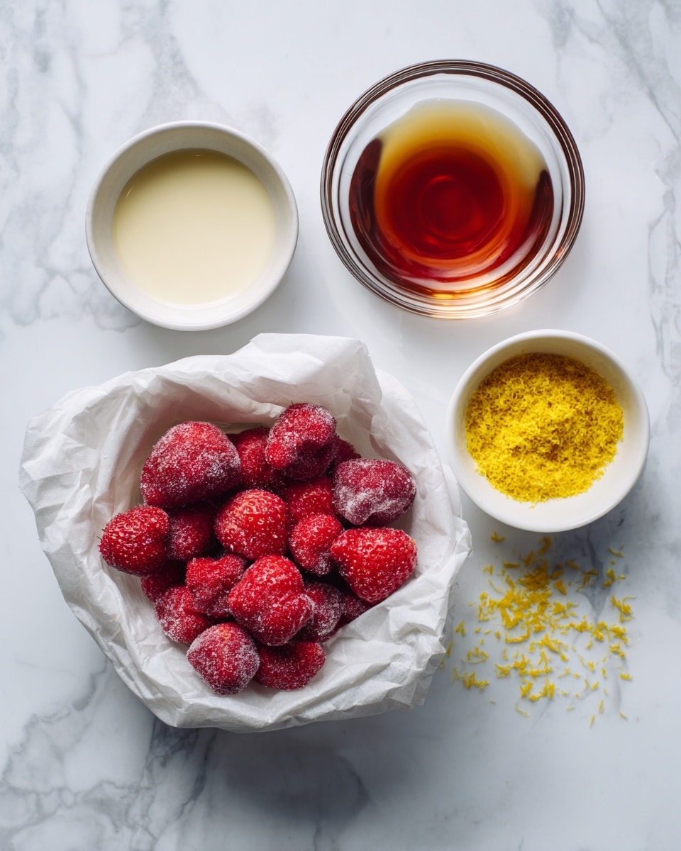 The image shows four small white bowls and a white paper bag filled with frozen strawberries, all placed on a white marbled surface. The paper bag in the bottom left corner holds bright red frozen strawberries with a frosty texture. At the top left is a small white bowl with a light cream liquid. To the right of it, a larger clear bowl contains a dark amber liquid with a smooth surface. In the bottom right corner, another small white bowl holds bright yellow zest with a fine, crumbly texture. Each item is neatly spaced, creating a clean and organized look. Photo taken with an iphone --ar 4:5 --v 7