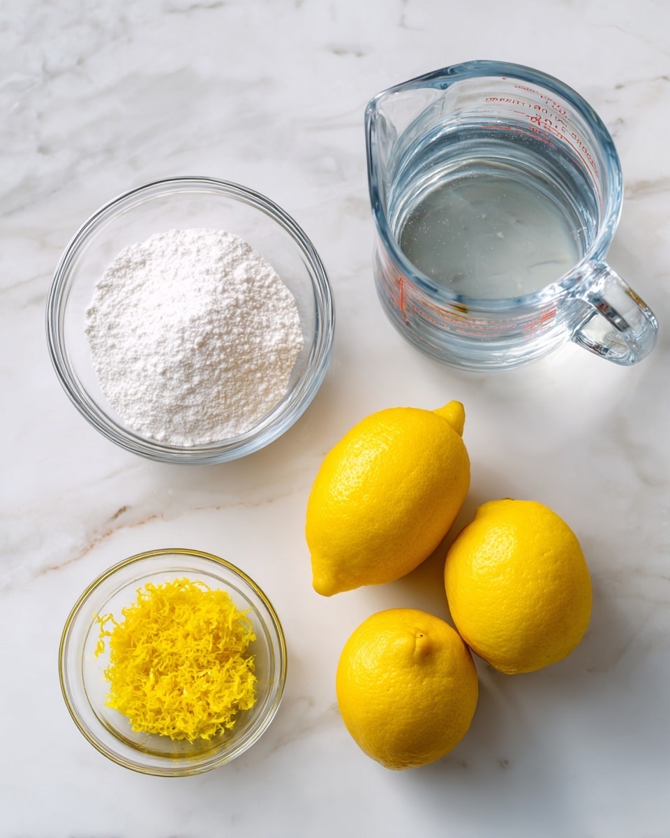 The image shows four clear glass bowls on a white marbled surface. The top left bowl is filled with a fine white powder. The top right is a clear glass measuring cup with a handle filled with water. The bottom left small bowl holds a bright yellow pile of lemon zest. The bottom right bowl contains three whole bright yellow lemons. All items are neatly arranged and well-lit, showing clear textures and colors. photo taken with an iphone --ar 4:5 --v 7