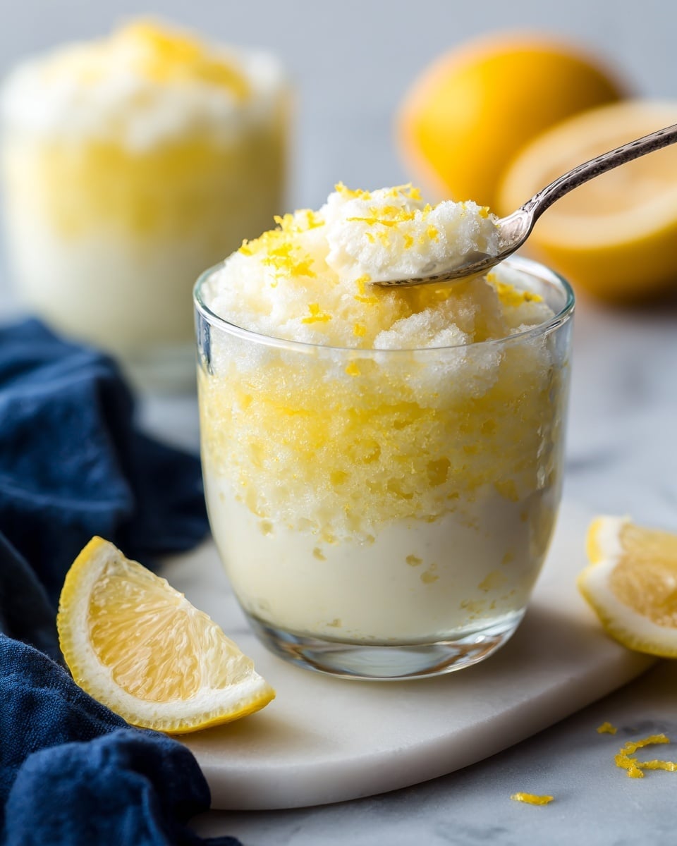 A clear glass dessert cup holds a single serving of pale yellow lemon sorbet, textured with small icy crystals and bright yellow lemon zest pieces spread throughout. A silver spoon is scooping into the sorbet inside the cup, which sits on a white marbled surface with slices of bright yellow lemon scattered around. In the background, there is another identical glass cup with sorbet slightly out of focus, adding depth to the image. A corner of a dark blue cloth is visible in the lower left corner. Photo taken with an iphone --ar 4:5 --v 7