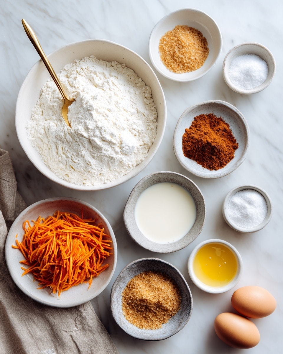 The image shows several white bowls and small dishes on a white marbled surface. The largest bowl at the center is filled with white flour, with a gold spoon resting inside. Below it, a white bowl contains shredded orange carrots. To the right of the carrot bowl, a gray bowl holds a creamy white liquid. Above this, a small white dish has three brown powders arranged in separate piles. On the right side, two brown eggs and a small white bowl with yellow liquid are placed. Above the flour bowl are three small white dishes: one with white salt, one with white powder, and one with a white granular substance. Near the bottom left, a white bowl filled with brown sugar is visible, with a gold spoon inside. A beige linen cloth is partially under the carrot bowl. Photo taken with an iphone --ar 4:5 --v 7