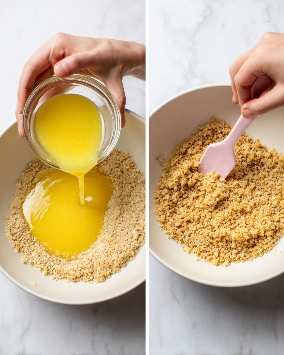 Two images side by side show the process of mixing yellow melted butter with light brown crumbly biscuit crumbs in a large white bowl on a white marbled surface. The left image shows a close-up of a woman's hand holding a small clear glass bowl pouring the glossy yellow melted butter over the crumbly biscuit layer in the larger bowl. The right image shows the white bowl from above, with a woman's hand holding a small pink spatula mixing the yellow melted butter into the biscuit crumbs, creating a wet, crumbly texture. Photo taken with an iphone --ar 4:5 --v 7